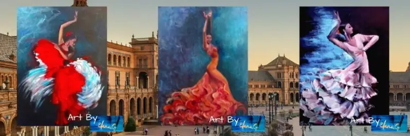 Three figurative (Flamenco series) paintings by ElenaG. The background is one of Seville's squares.