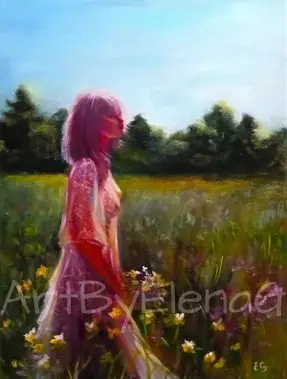 Figurative artwork by ElenaG. A young girl with an undone dress walks near the woodland.