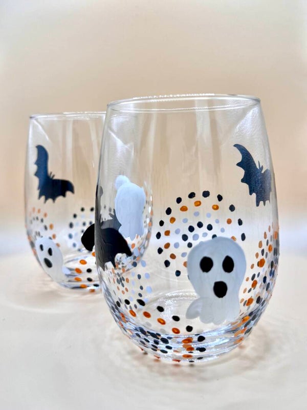 Halloween Ghost & Bat Stemless Wine Glass