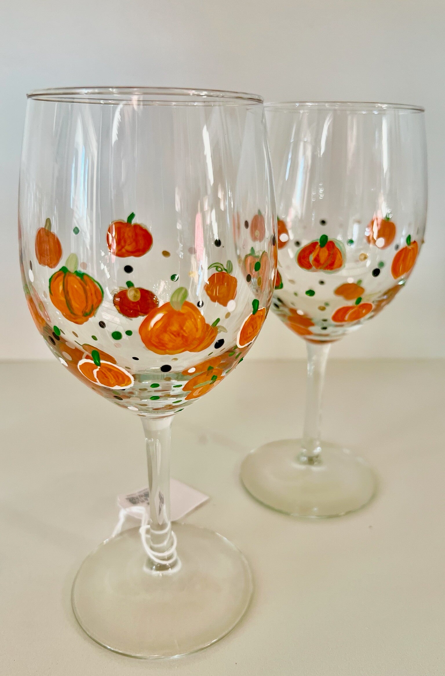 Hand-Painted Pumpkin Stemmed Wine Glasses - Sold as a Set of Two
