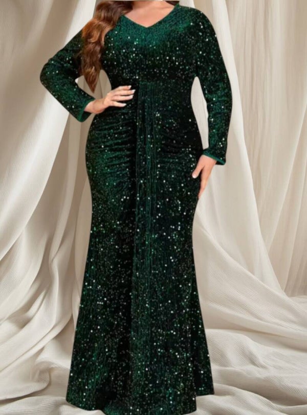 Elegante avondjurk met lange mouwen - groene galajurk grote maat