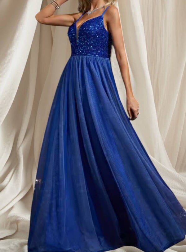 Lange Blauwe galajurk met pailletten top