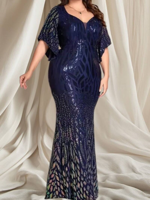 Donkerblauwe Avondjurk met zilverkleurige onderkant