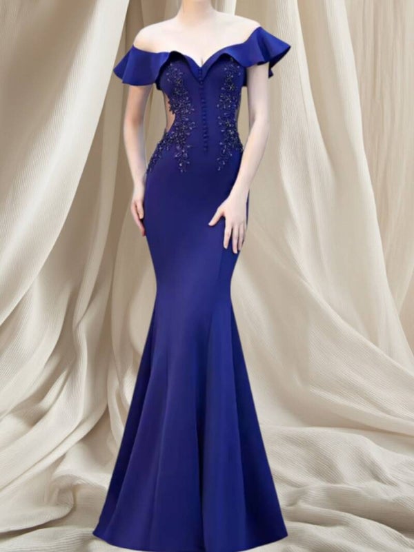 Donkerblauwe off-shoulder avondjurk