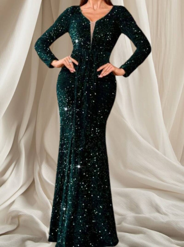 Luxe Donkergroene Avondjurk met Lange Mouwen