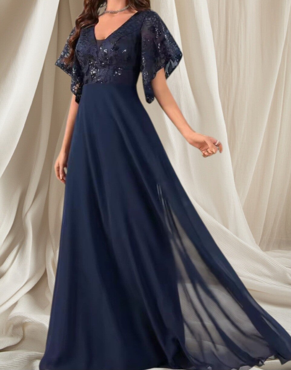 Donkerblauwe Galajurk Met Korte Mouwen en V-hals