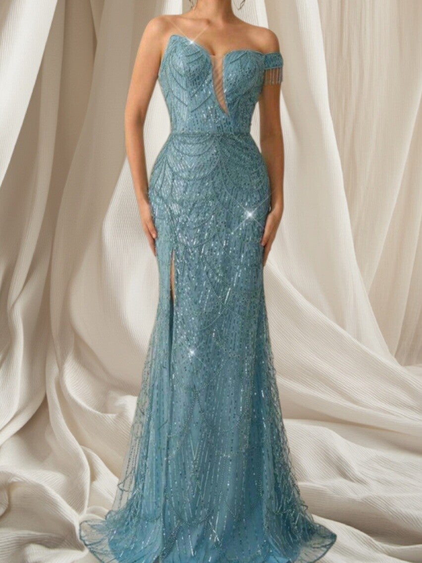 Elegante Zachtblauwe Pailletten Galajurk met Split en kralen