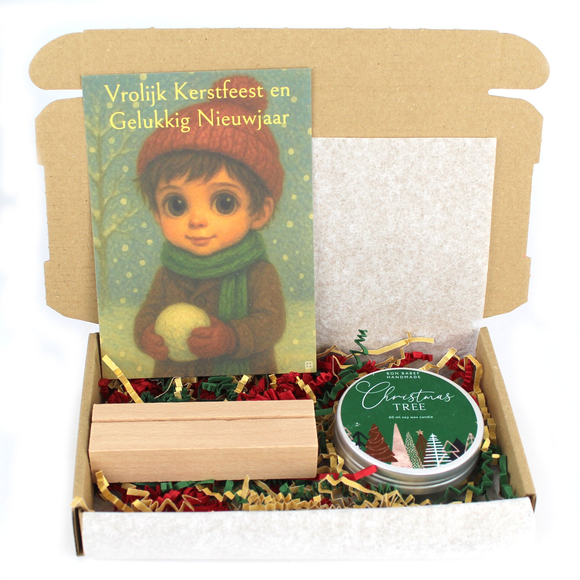 Geurkaars den, cipres en cederhout met kaart naar keuze in een houten houder