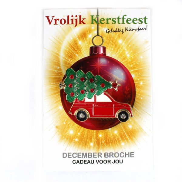 Kerst broche rode auto met kerstboom