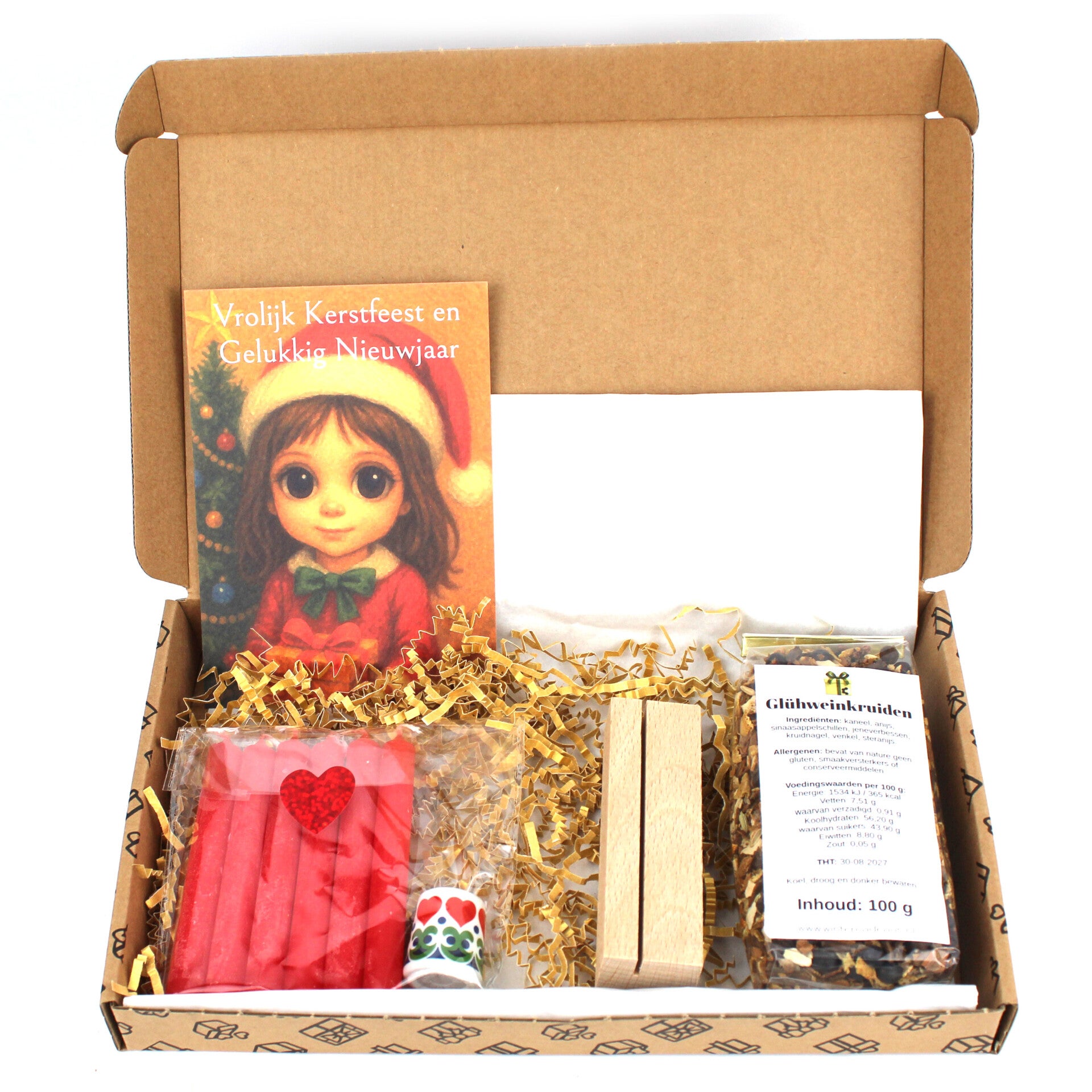 Mini kandelaar met 6 rode kaarsen + Glühweinkruiden (100g) en Kerstkaart naar keuze in houten houder