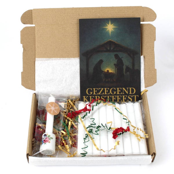 Mini kandelaar van porselein met 10 witte kerstboomkaarsen en kerstkaart Gezegend Kerstfeest