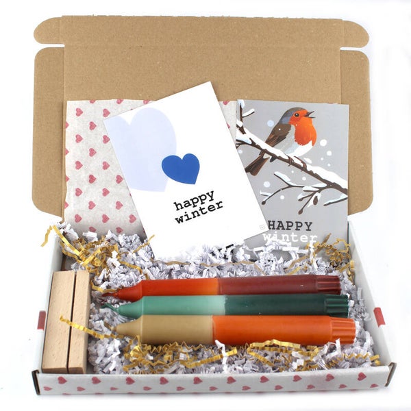 Dip dye kaarsen cadeau set winter collection +  kaart naar keuze in houten houder