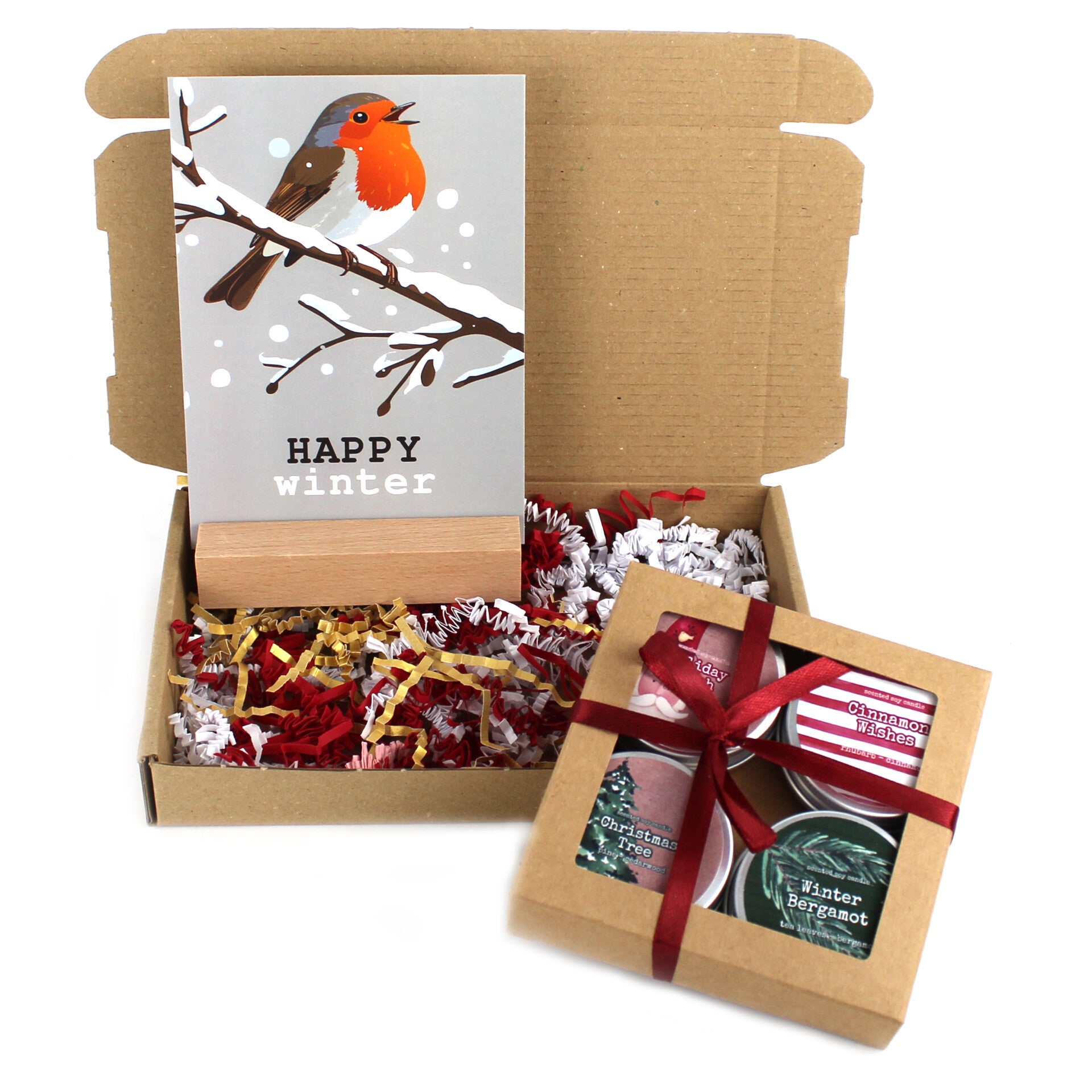 Geurkaarsen set cadeau met winter kaart  in houten kaarthouder