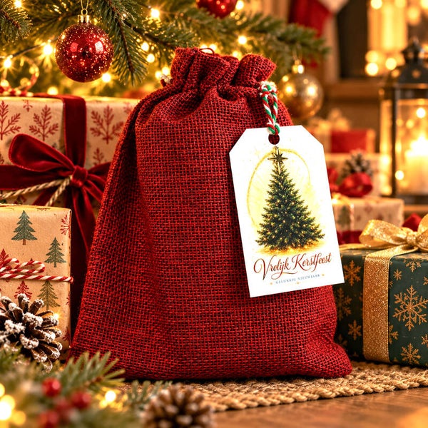 Glühwein kerstcadeau in rode zak met kerstlabel
