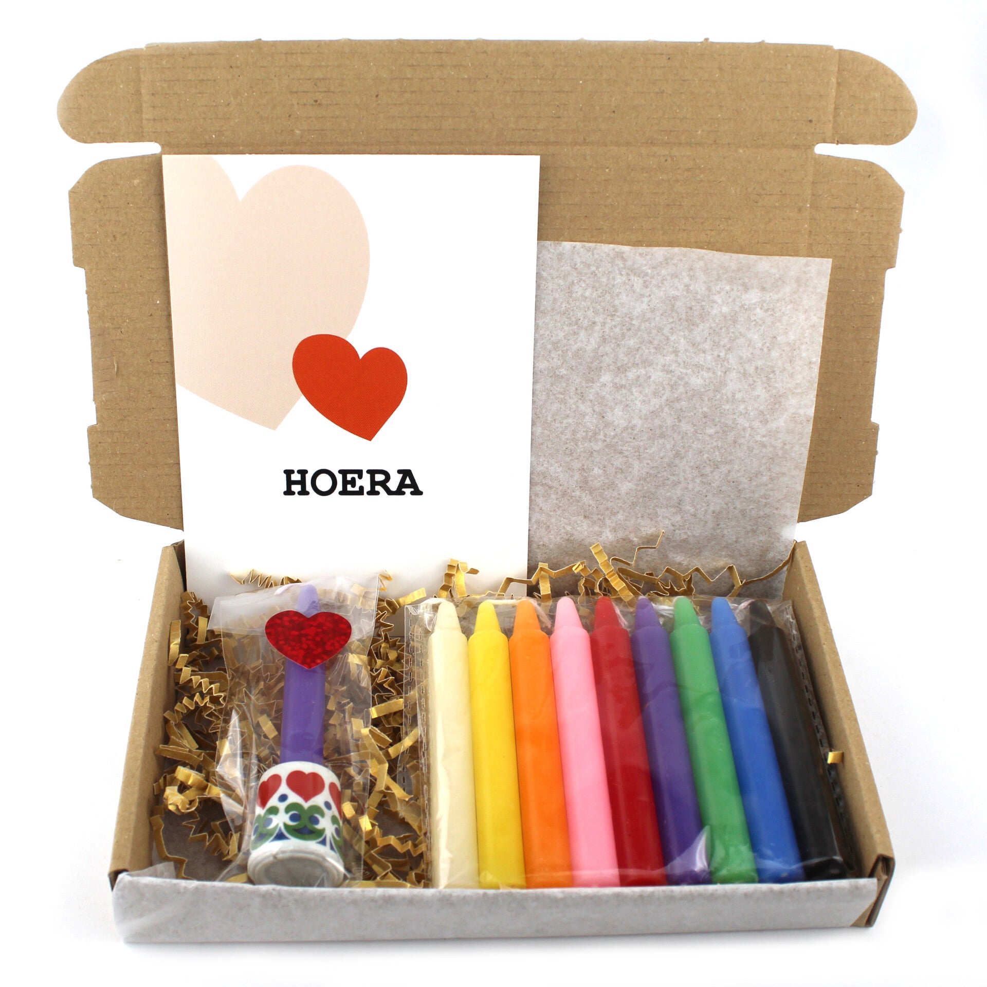 Mini kandelaar hartjes met 10 kaarsen in 10 kleuren + felicitatie kaart