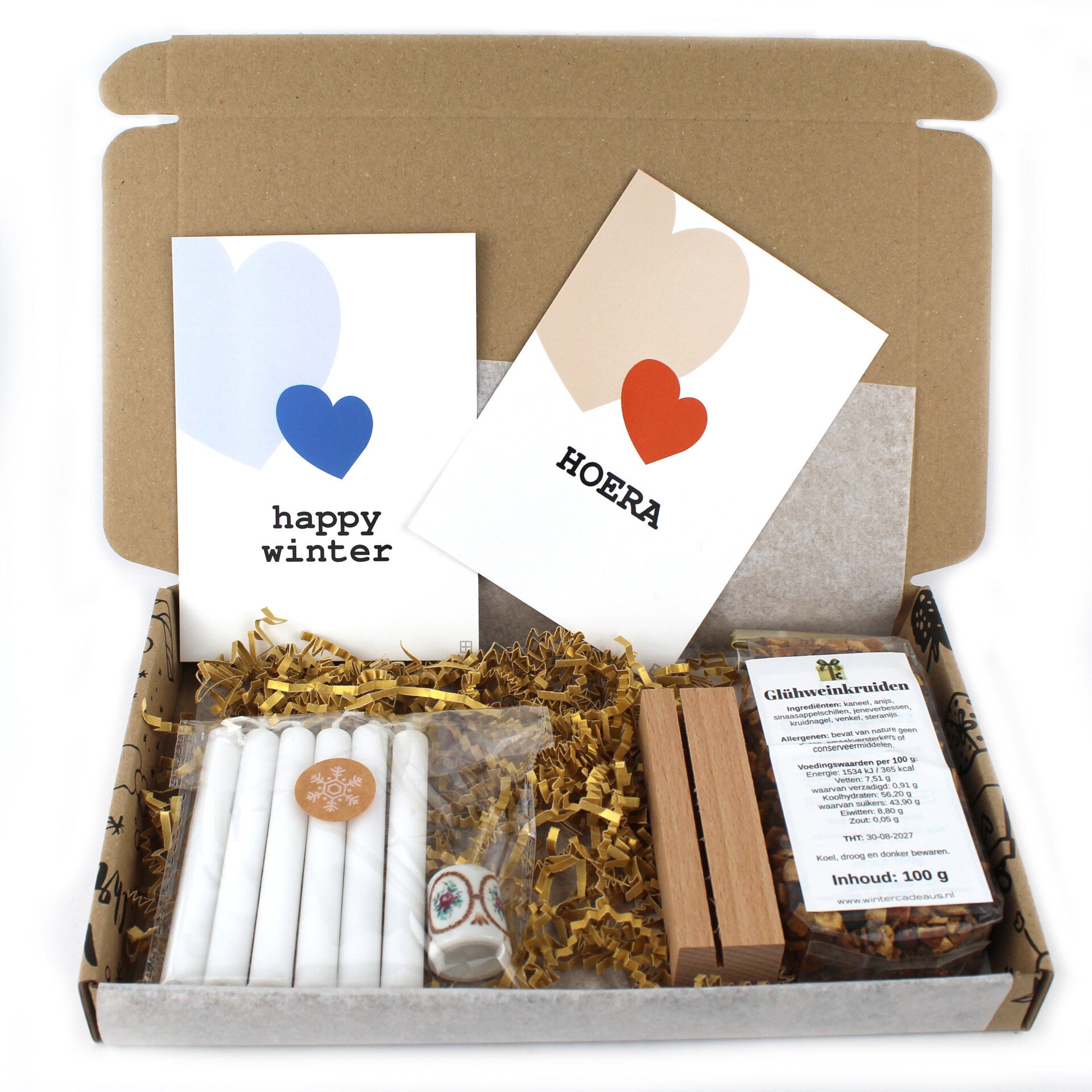 Mini kandelaar met 6 witte kaarsen + Glühweinkruiden (100g) en kaart naar keuze in houten houder