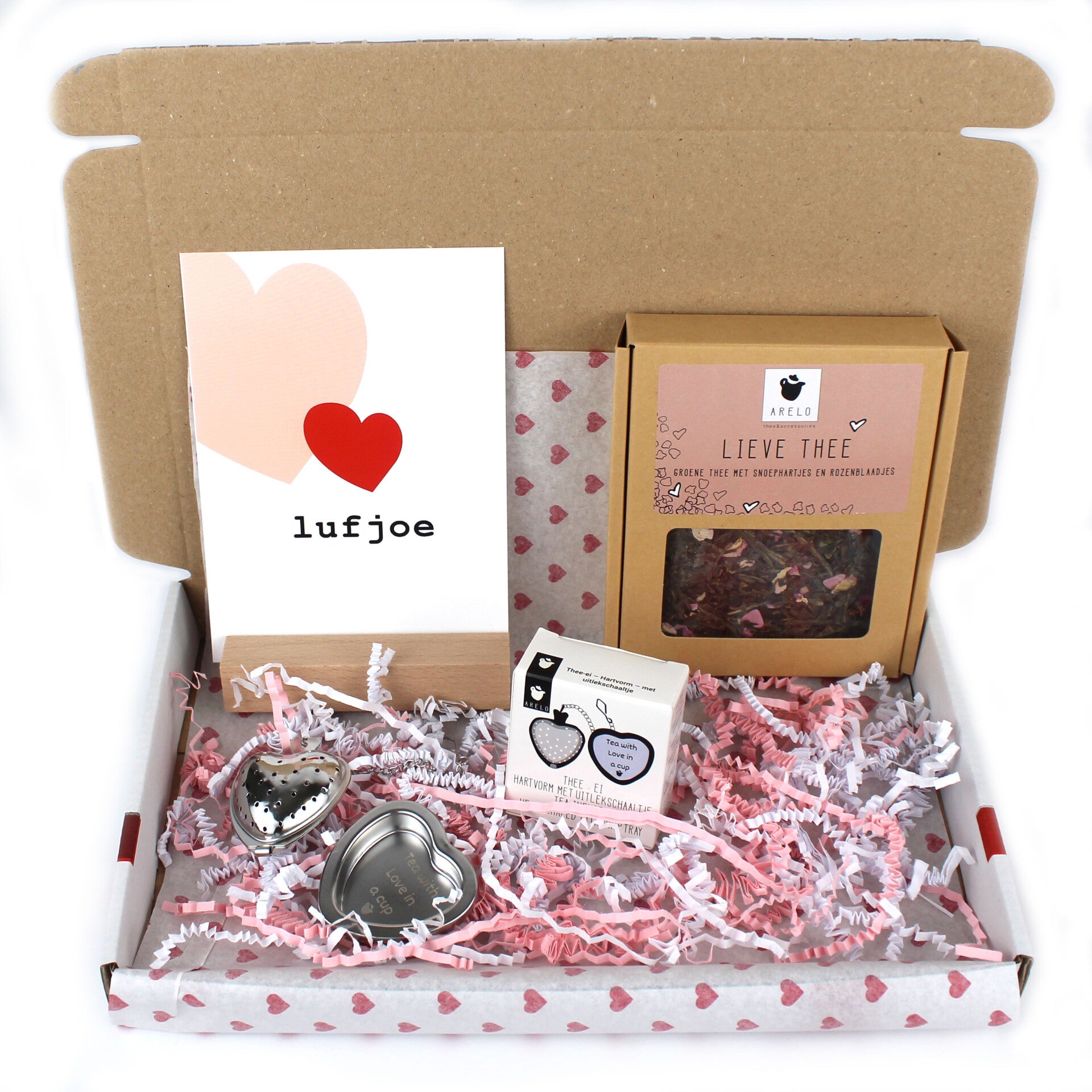 Valentijnskaart met cadeau Lieve thee en houten kaarthouder