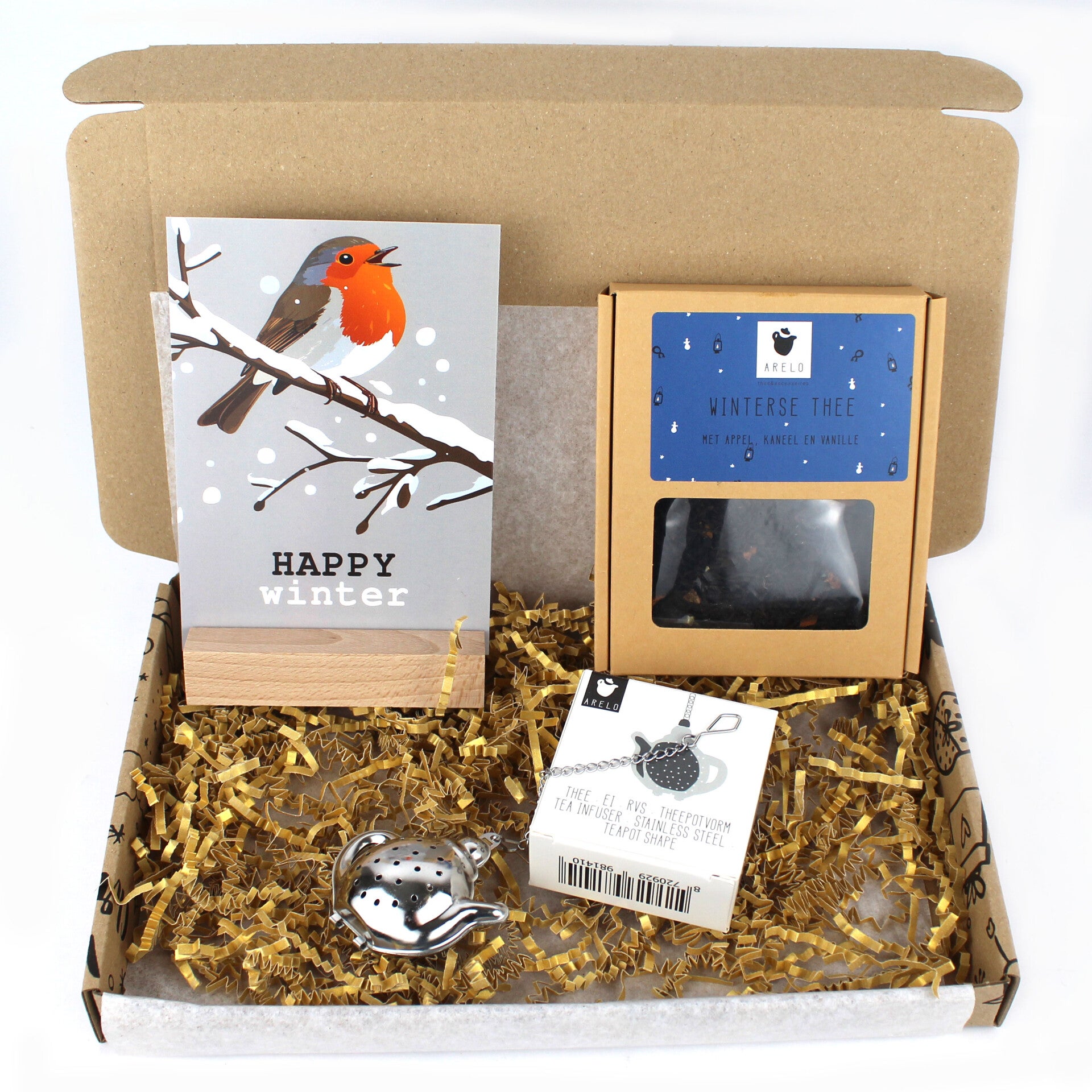 Winter thee cadeau appel kaneel vanille met RVS Theezeefje en winter kaart in houder
