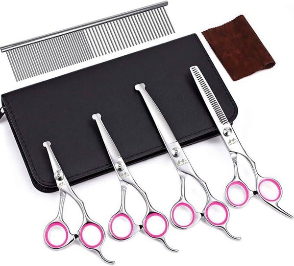 Dog Grooming Kit with Round Tip, Set of 5 Cat Dog Grooming Scissors, Stainless Steel Pet Grooming Shears for Full Body, Face, Nose, Ear and Paw (pink)