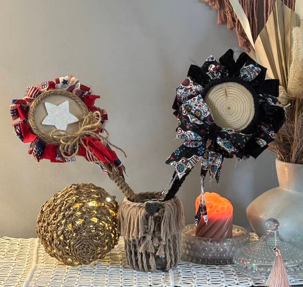 Cloth Petal Flower with Wooden Center—Farmhouse Floral Accents