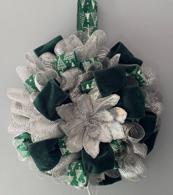Elegant Silver Poinsettia Christmas Wreath with Green Velvet & Tree Ribbon