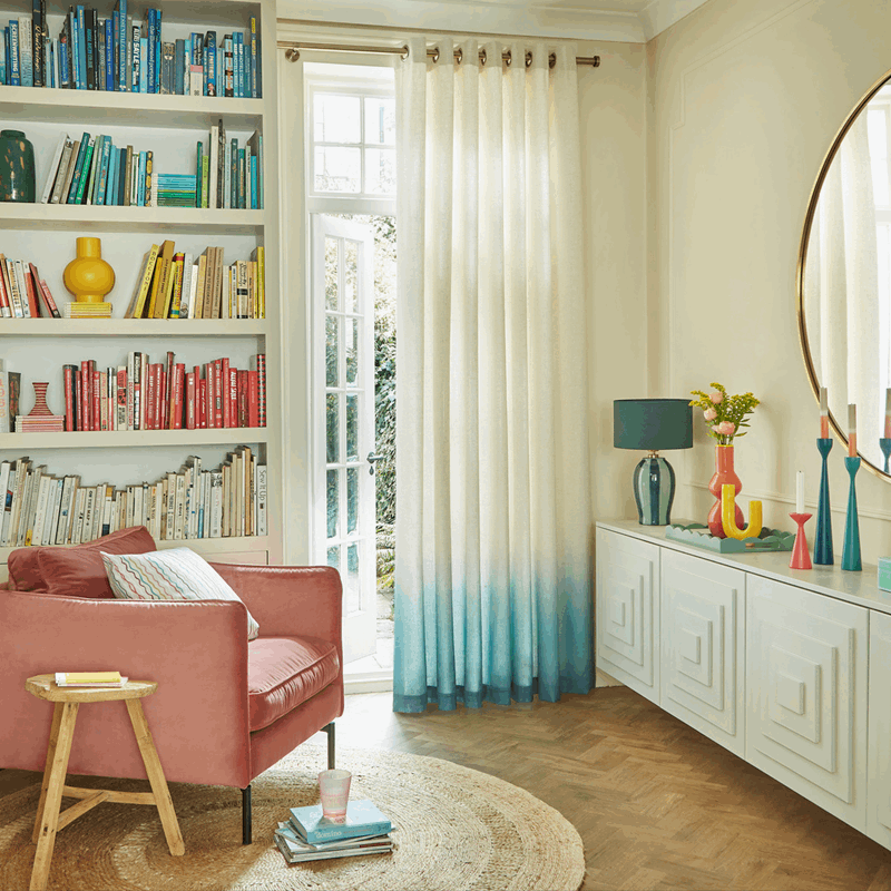 white and blue curtains