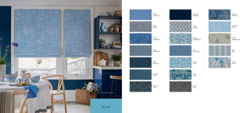 Blue made to measure curtains and roman blind collection