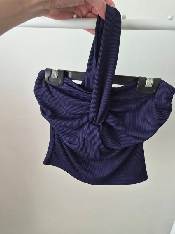 Navy ribbed cropped halter neck top. Size XS by Shein