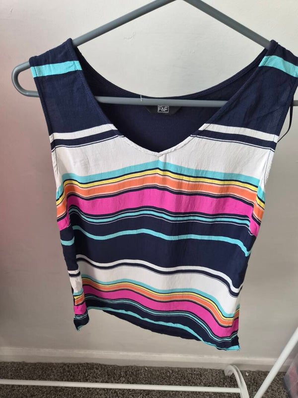 Navy/multicoloured stripe top. Size 10 by F&F
