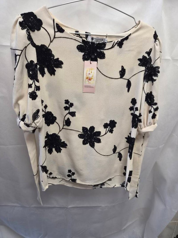 Cream/black embroidery top. Size XL. By Money