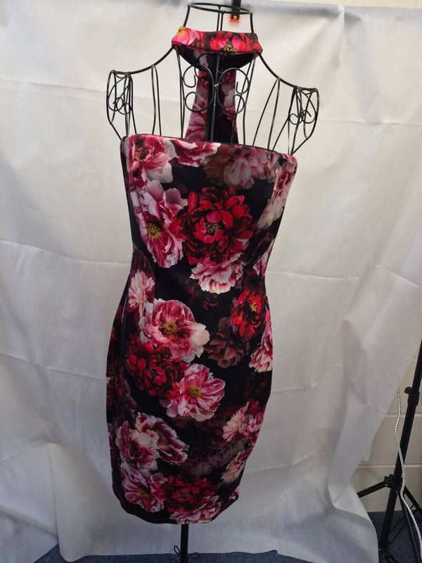 Black/pink/red floral halter neck dress. Size 12 by Jessica Wright