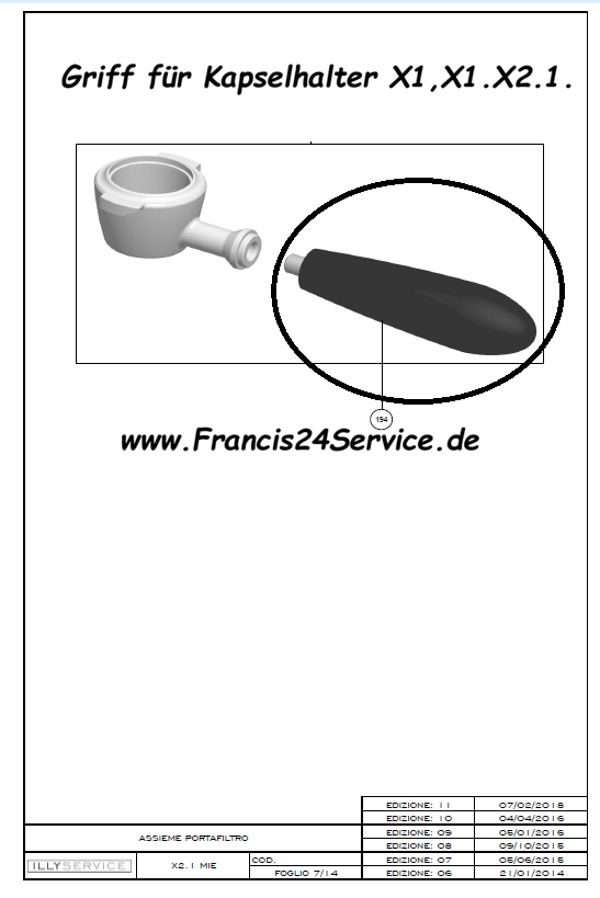Iperespresso Kaffeemaschinen pos.194 (der Kapselhaltergriff für die Iperespresso X7.1, X1) Anniversary und X1 Iperespresso Kaffeemaschine.