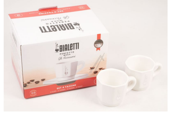 Set 4 achteckige Espressotassen mit Unterteller weiß