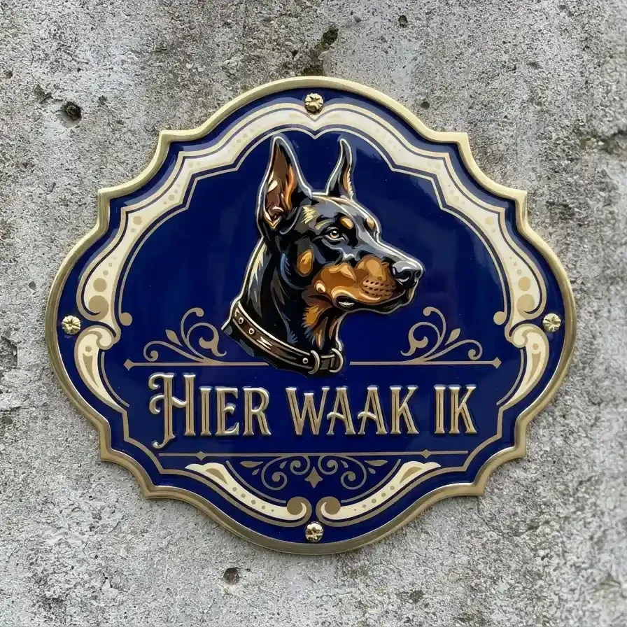 Waakbord Dobermann Barokstijl Blauw Goud 4mm Acryl
