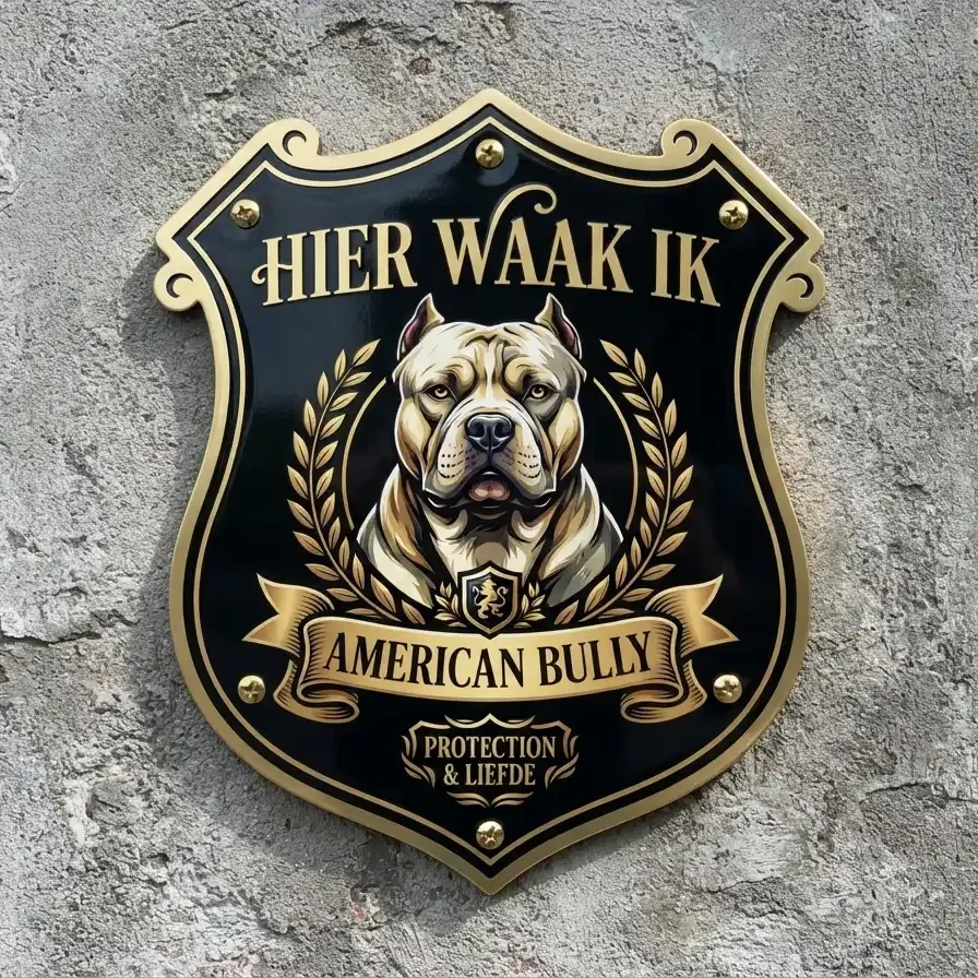 Waakbord American Bully Schild "Hier Waak Ik" Goud