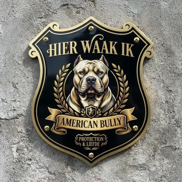 Waakbord American Bully Schild "Hier Waak Ik" Goud