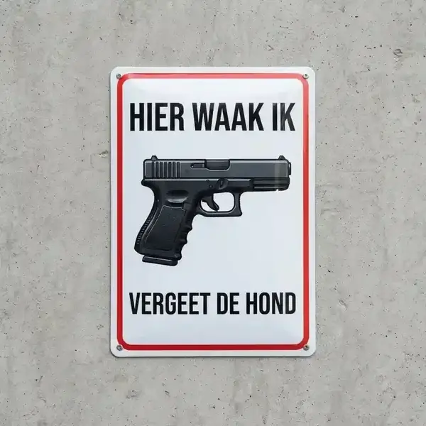 Waakbord "Hier waak ik - vergeet de hond" - Metaal