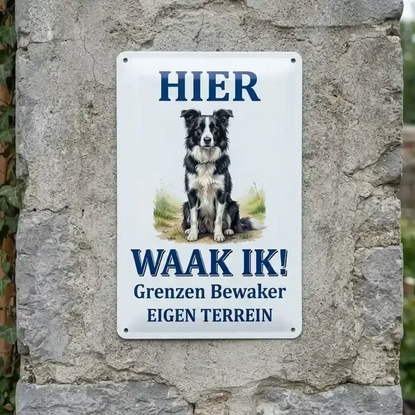 Metalen Waakbord Border Collie - Hier Waak Ik!