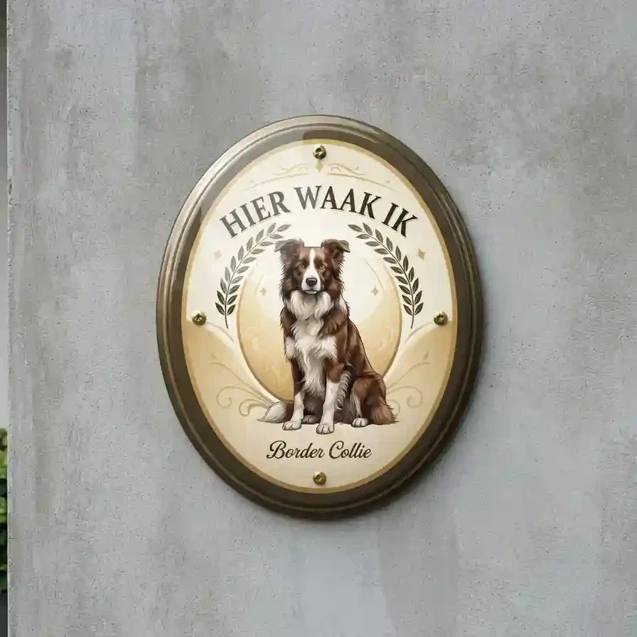 Border Collie waakbord ovaal 'Hier Waak Ik
