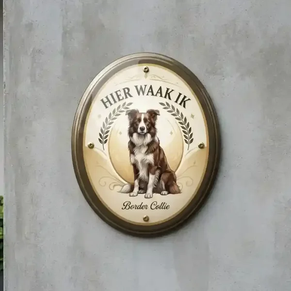 Border Collie waakbord ovaal 'Hier Waak Ik