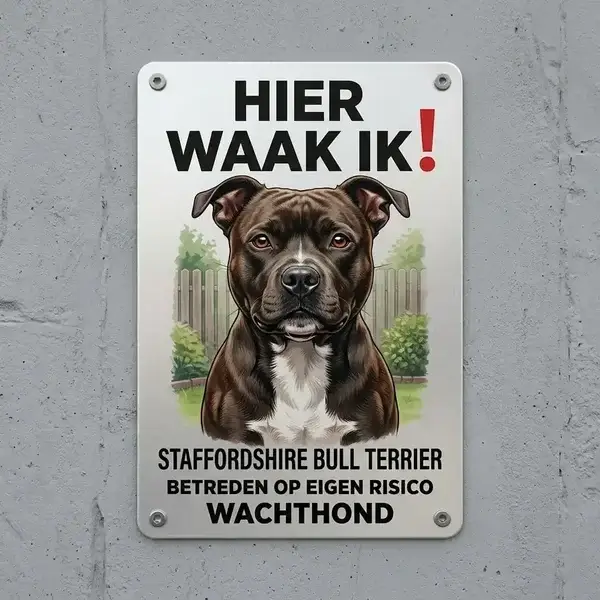 Metalen Waakbord Staffordshire Bull Terrier - Hier Waak Ik