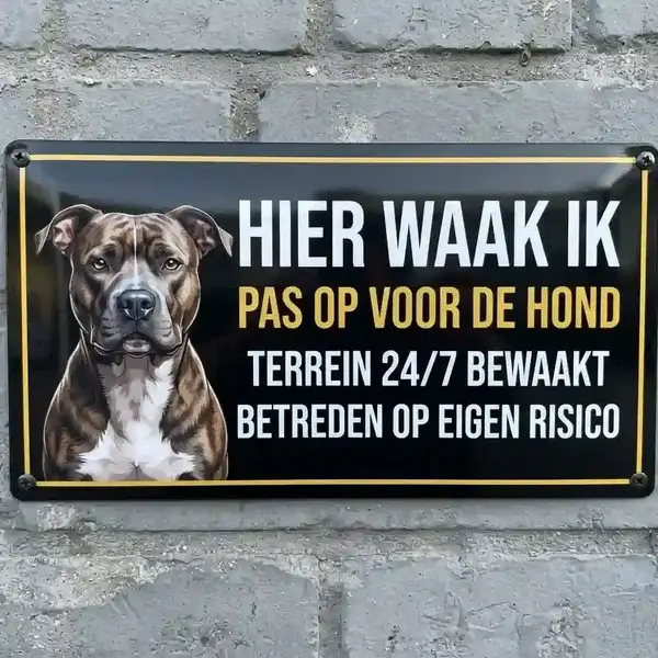 Metalen Waakbord Pitbull - Hier Waak Ik