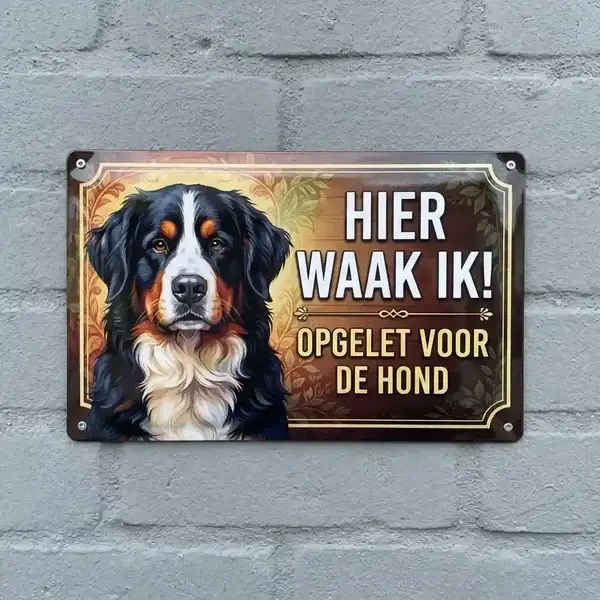 Metalen Waakbord Berner Sennenhond - Hier Waak Ik