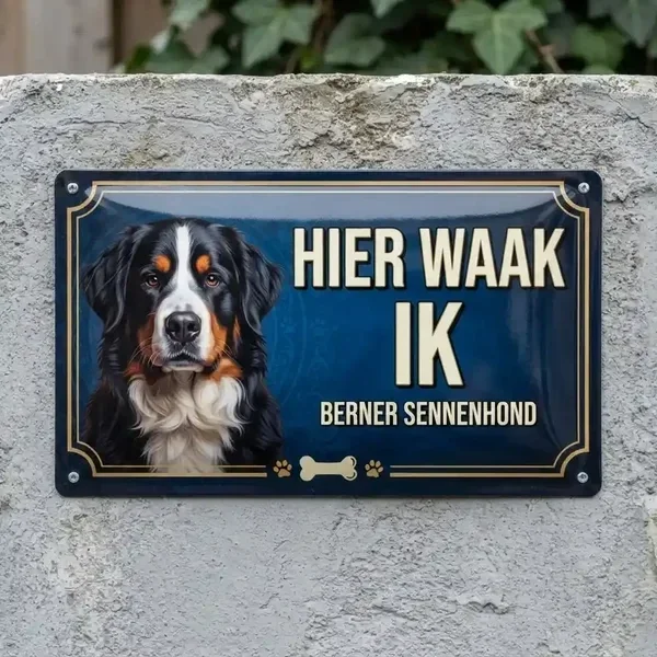 Metalen Waakbord Berner Sennenhond - Hier Waak Ik