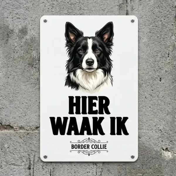 Metal Waakbord Border Collie - Hier Waak Ik