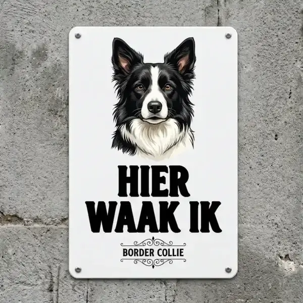 Metal Waakbord Border Collie - Hier Waak Ik
