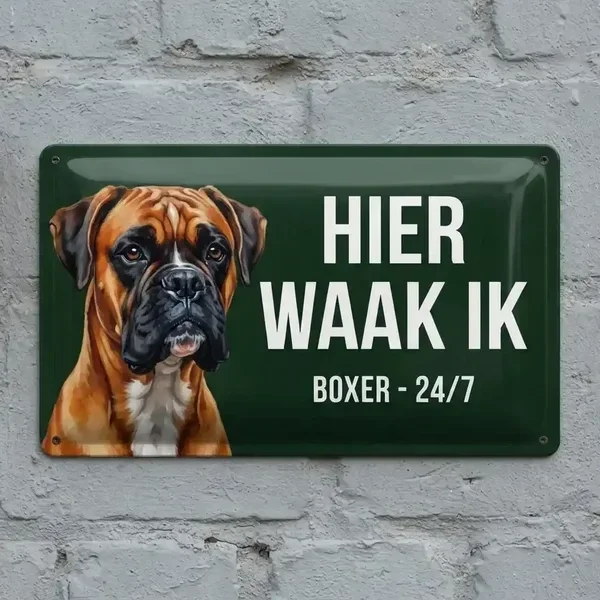 Metalen Boxer Waakbord 'Hier Waak Ik' - 3 Talen & Maten