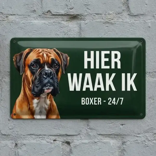Metalen Boxer Waakbord 'Hier Waak Ik' - 3 Talen & Maten