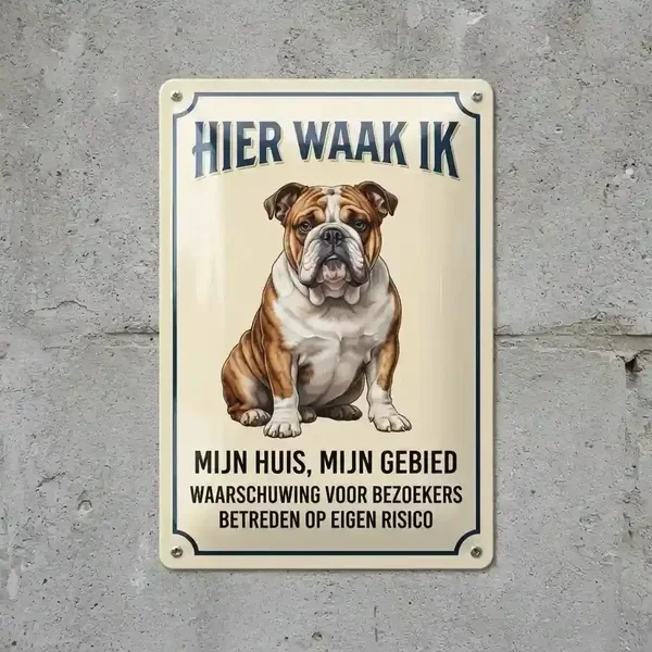 Metalen Waakbord Engelse Bulldog – Hier Waak Ik