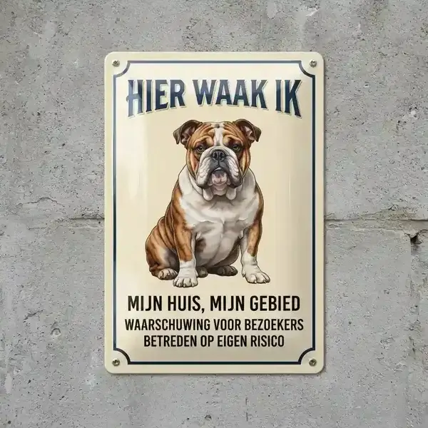 Metalen Waakbord Engelse Bulldog – Hier Waak Ik